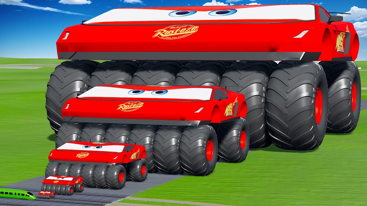 Big & Small Lamborgini McQueen Wide with Monster Wheels VS Train | BeamNG.drive