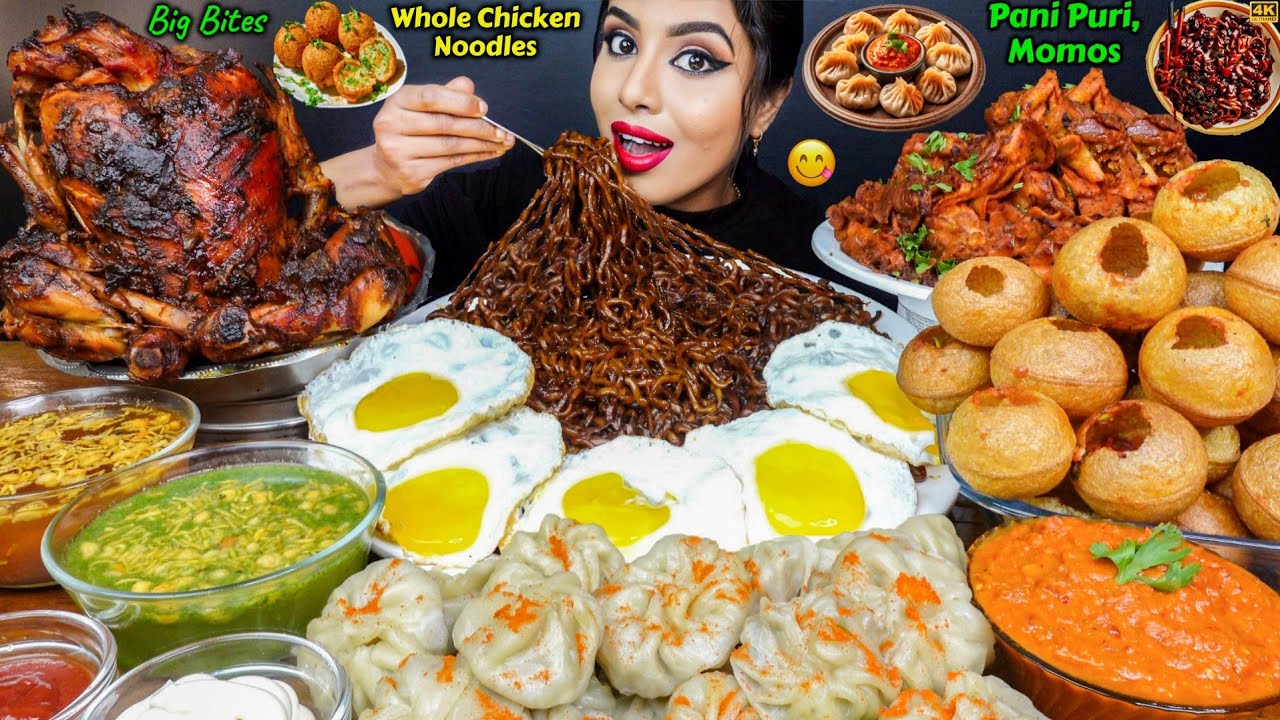 ASMR Eating Spicy Pani Puri,Whole Chicken,Momos,Noodles,Egg Indian Street Food ASMR Eating Mukbang