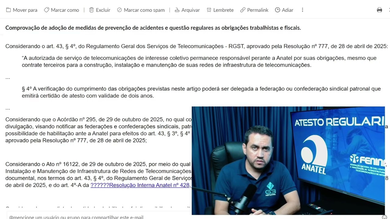 E-mail Anatel sobre Atesto de Regularidade informando sobre entidades sindicais