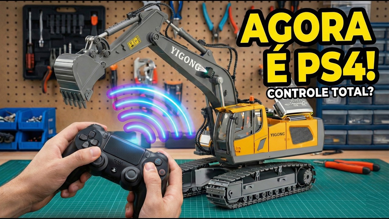 MUDEI TUDO! Escavadeira RC com Controle de PS4 (Vocês pediram!)