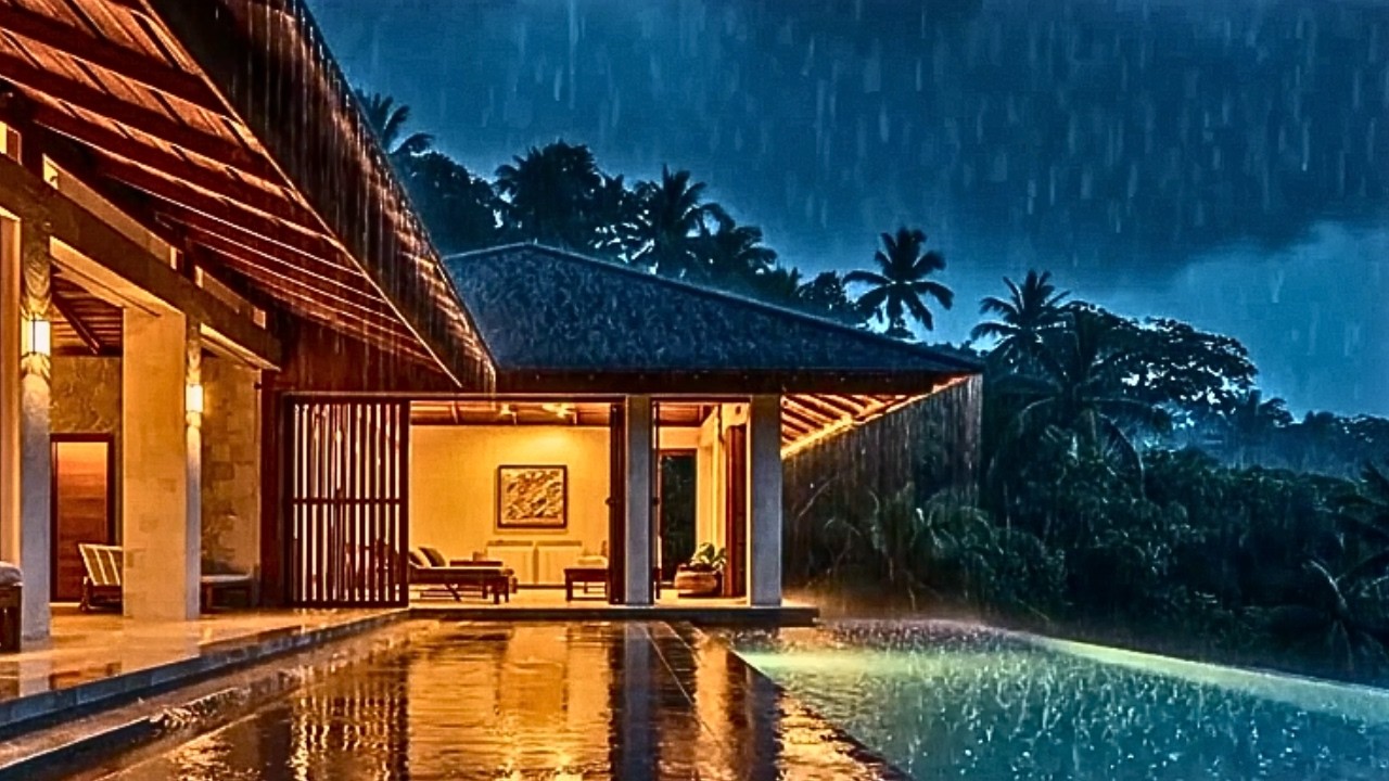 Rainy Night at a Luxury Bali Jungle Villa | Tropical Rain Ambience