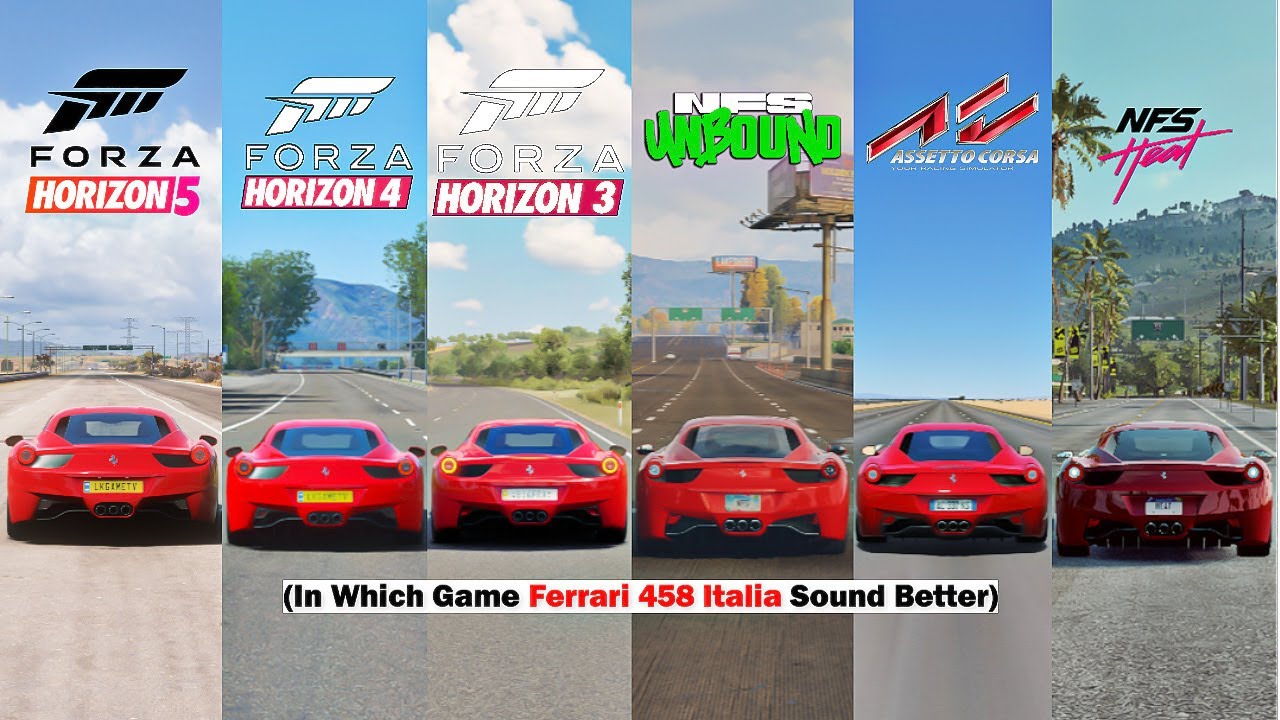 Ferrari 458 Italia Comparison - FH5, Horizon 4, FH3, FM7, NFS Unbound, Assetto Corsa, NFS Heat