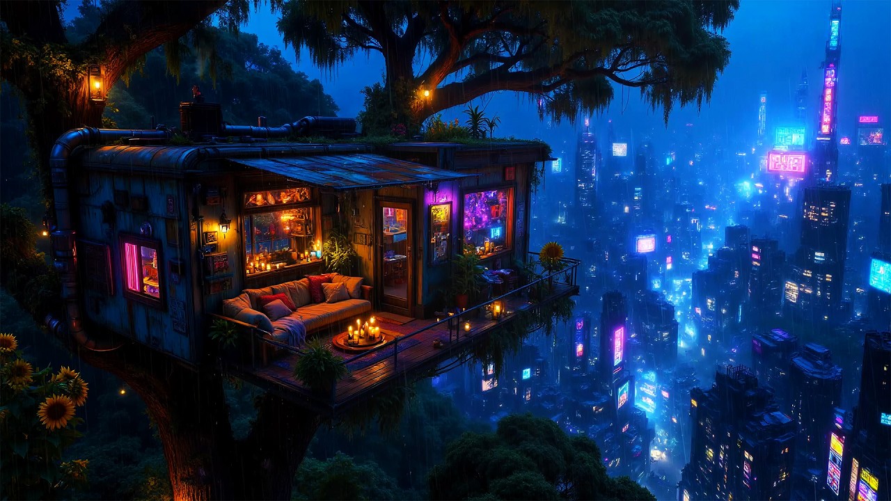 Lofi Ambient &ndash; Rainy Treehouse Above a Neon Cyberpunk City | Calm Beats for Sleep or Work | 4K