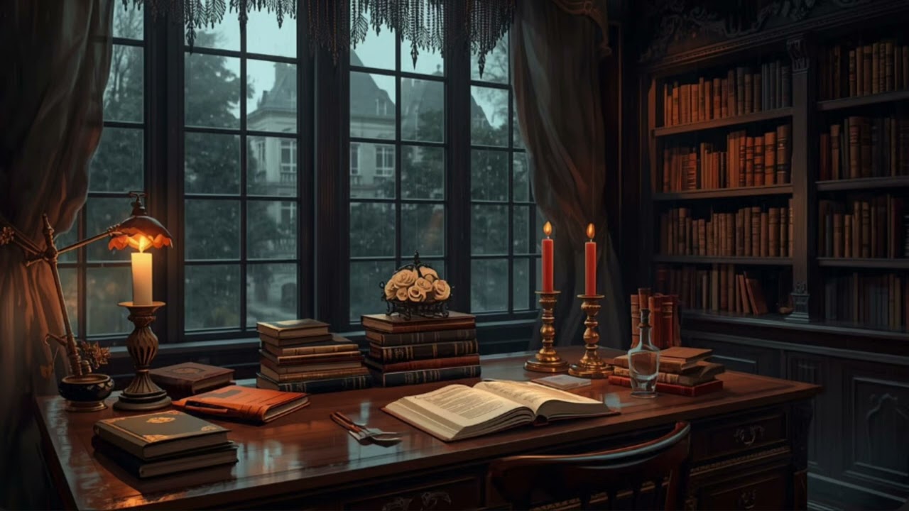 Victorian Study Room 🕯️ 2 Hours Cozy Dark Academia Music | Candlelight & Rain