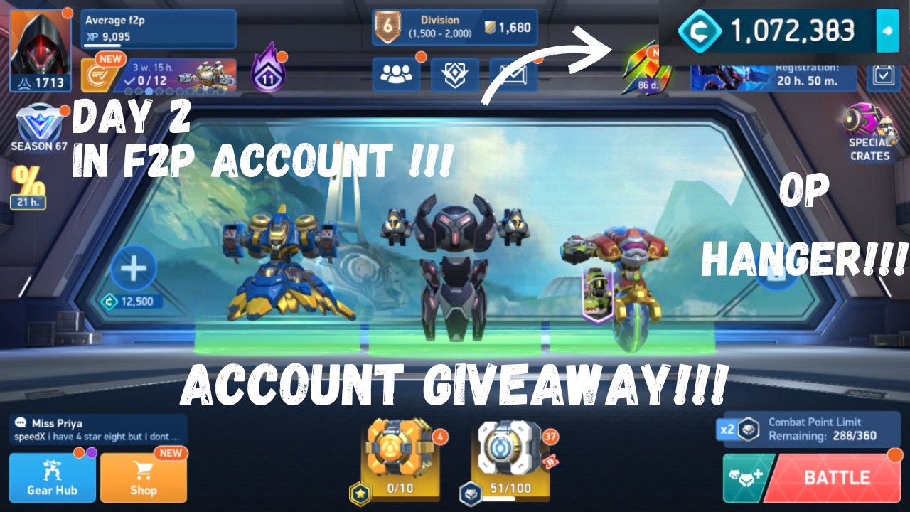 Account Giveaway !! | Day 2 Mech Arena F2P Hanger | Insane Luck |
