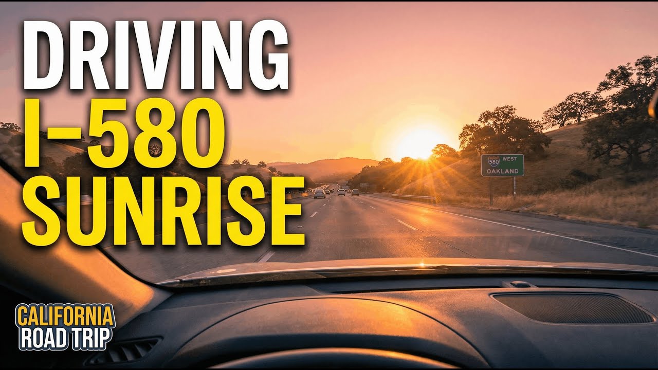 Driving on Interstate 580 during sunrise in California