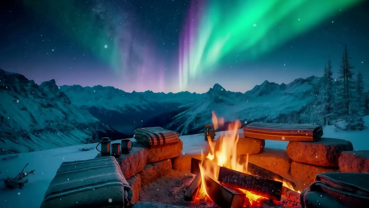 4K Aurora Campfire Ambience 10 Hours Northern Lights, Snow, Mountain Valley Crackling Fire for Sleep