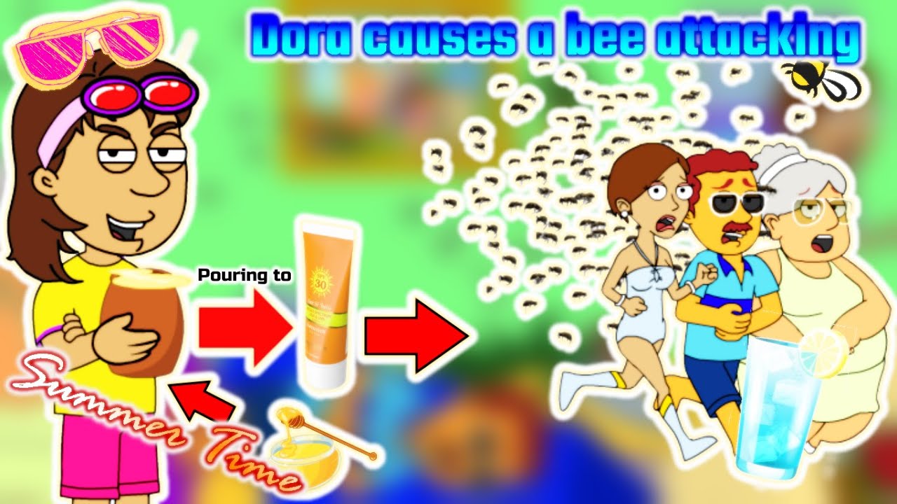Dora causes a bee attacking by pour the honey to the sunscreen/Grounded BIG TIME