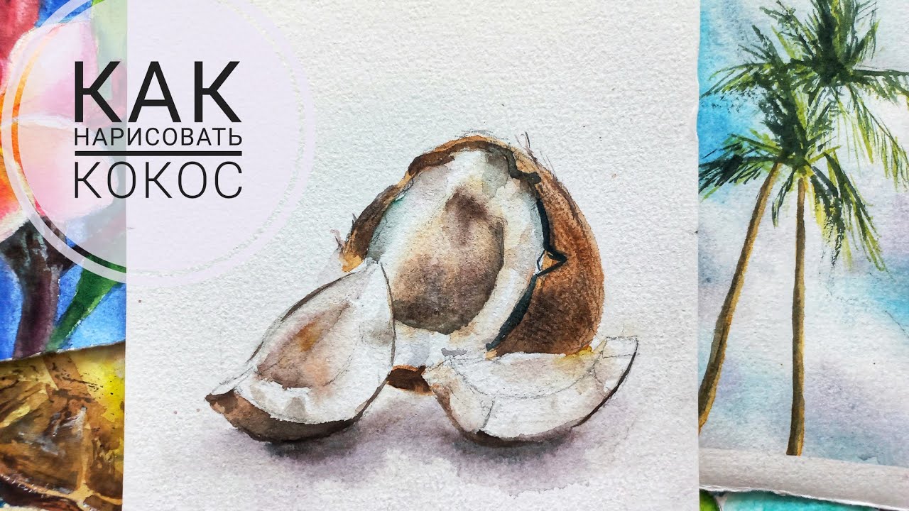 Рисуем кокос акварелью. Рисование для начинающих. Watercolour painting tutorial.