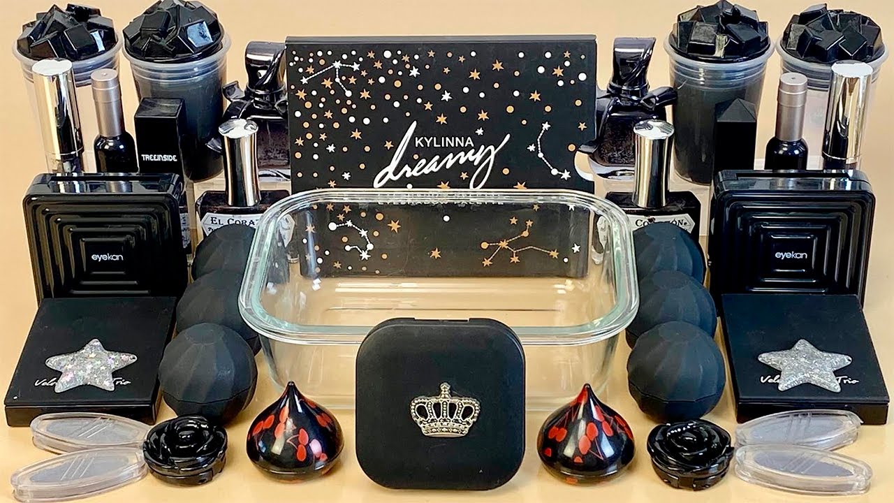 ASMR Slime 🖤💤💦 Mixing ”BLACK” makeup, Eyeshadow, glitter into slime. Satisfying slime video.
