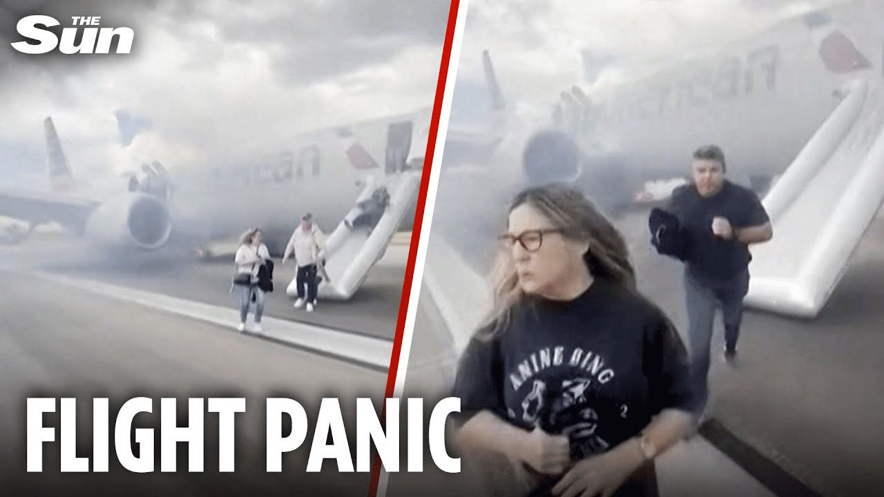 Moment terrified passengers flee plane engulfed in smoke after fault sparked fire