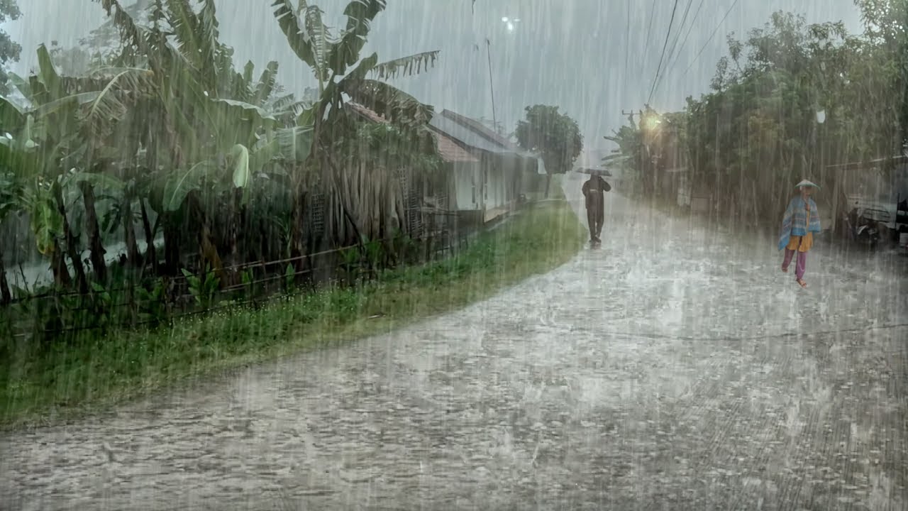 Stormy Night Walk Through Quiet Village with Heavy Rain Strong Wind and Thunder Sounds ASMR 4K Vide