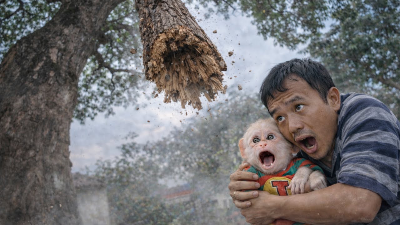 A Rotten Tree Branch Falls Right Where Baby Monkey Baba and Mr. Minh Are Sitting – Oh No!