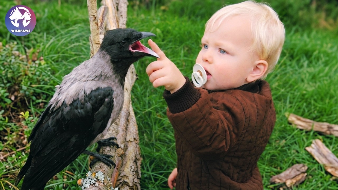 The Rescued Wild Crow Waits for His Favorite Kid and Watches Over Him Every Day