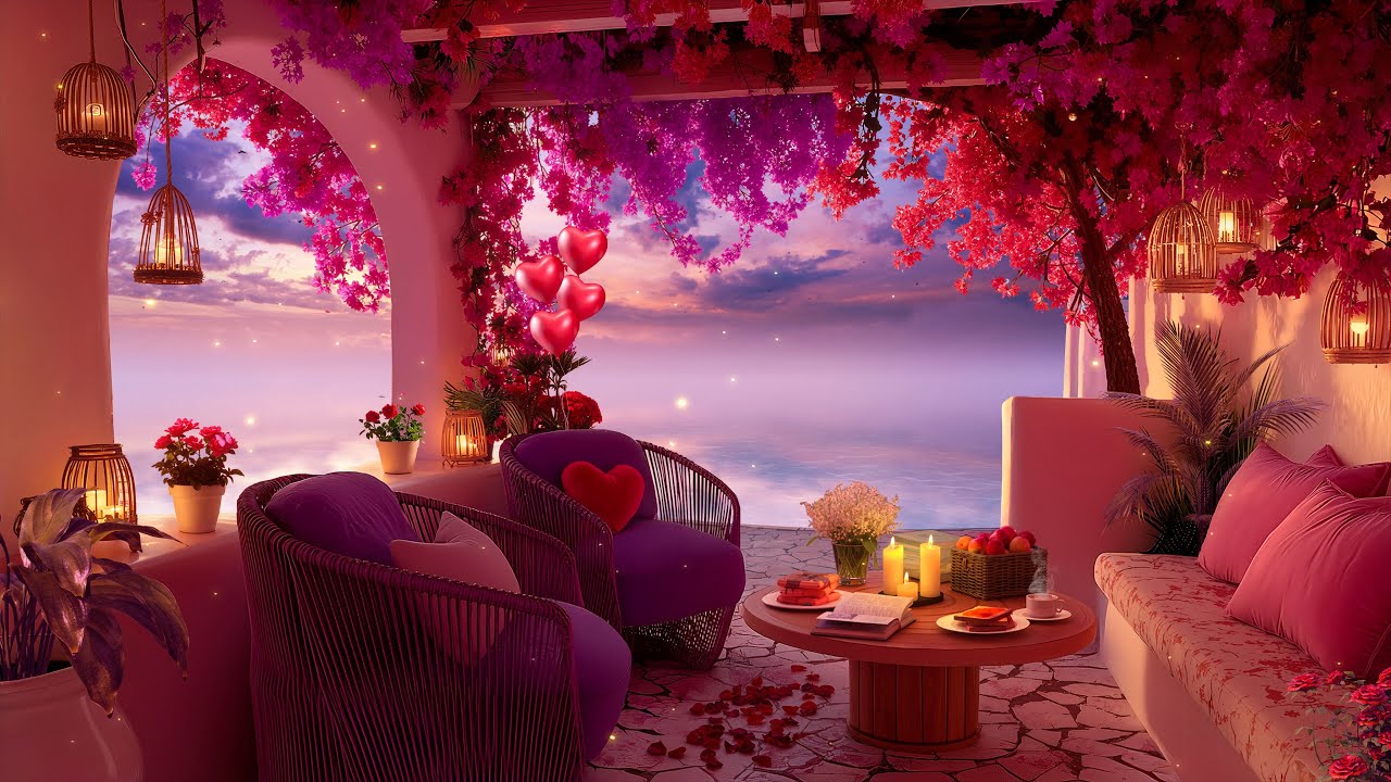 Romantic Valentine Jazz 💕 Cozy Balcony Lounge with Pink Flowers & Ocean View 🌅