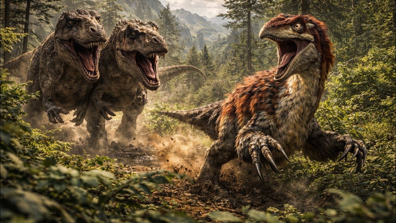 Un couple de Tyrannosaure Bellator chasse un Therisyinosaure. 