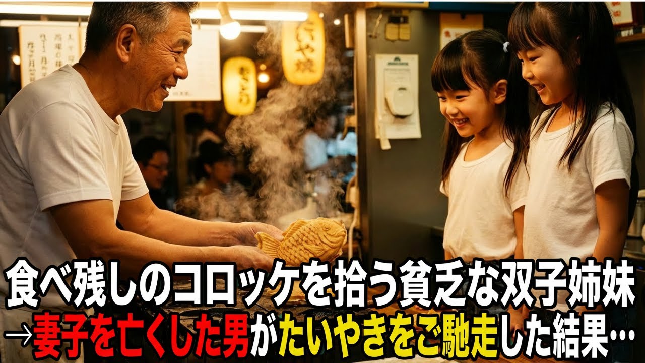 所持金ゼロで公園で食べ残しのコロッケを拾う貧乏な双子姉妹→妻と娘を亡くし、感情が麻痺した俺がたいやきをご馳走した結果…