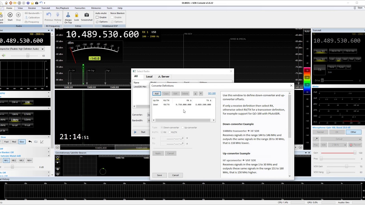 SDR-Console: setting up converter-definitions for QO100 (LimeSDRmini)