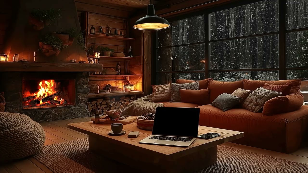 Snowy Winter Cabin Ambience | Crackling Fire and Gentle Snowfall for Inner Peace and Restful Sleep