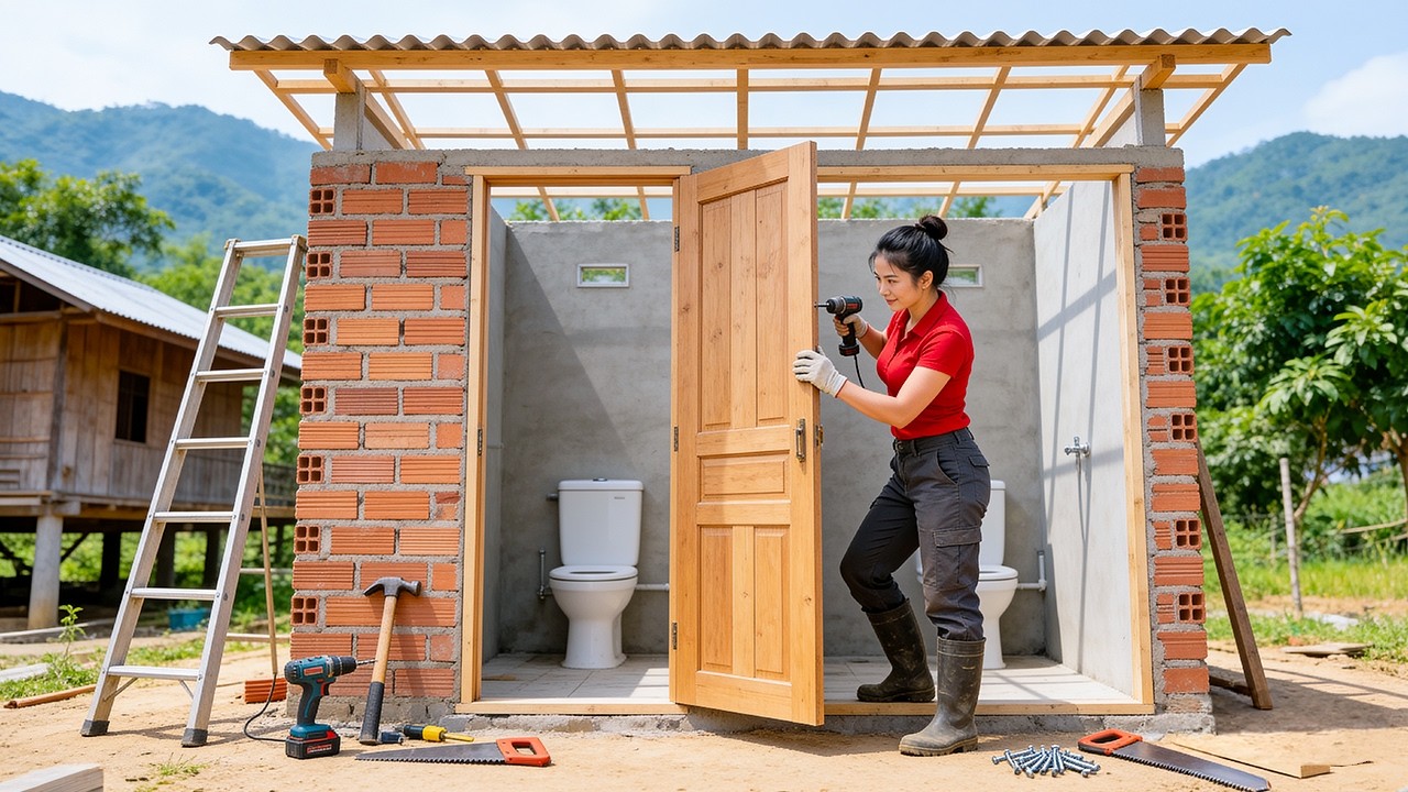 Amazing Brick Bathroom Finish 🧱 Metal Roof And Handmade Wooden Door