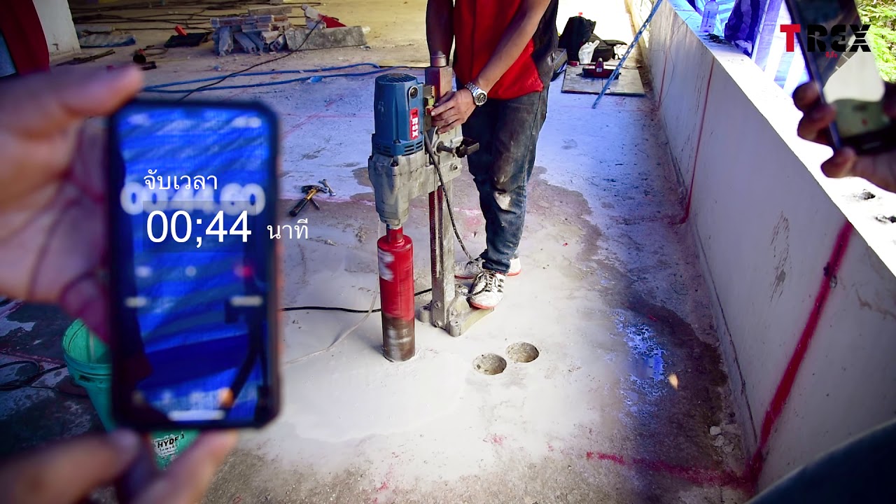 คอริ่ง เจาะสลิง ด้วย เครื่องคอริ่ง และ กระบอกคอริ่ง T-REX / Test diamond core drill bit array T-REX