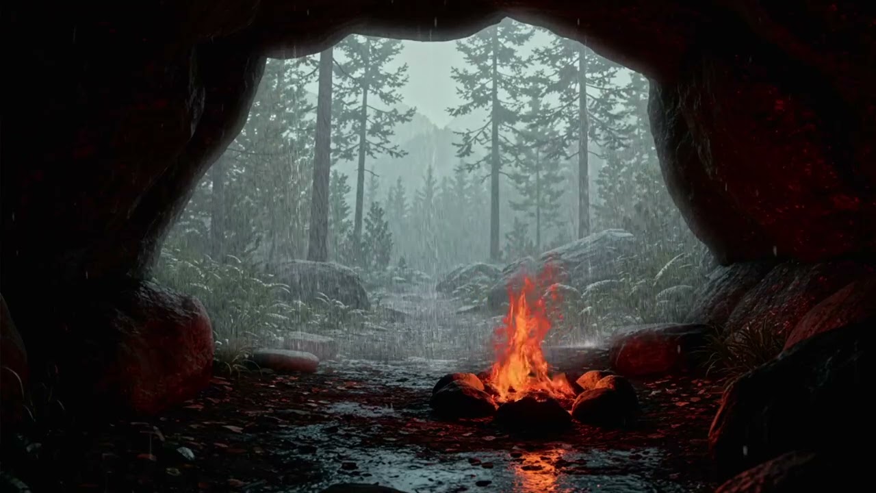 Crackling Fire in a Cave and Rain Sounds with Thunder to Calm Your Mind and Sleep Better