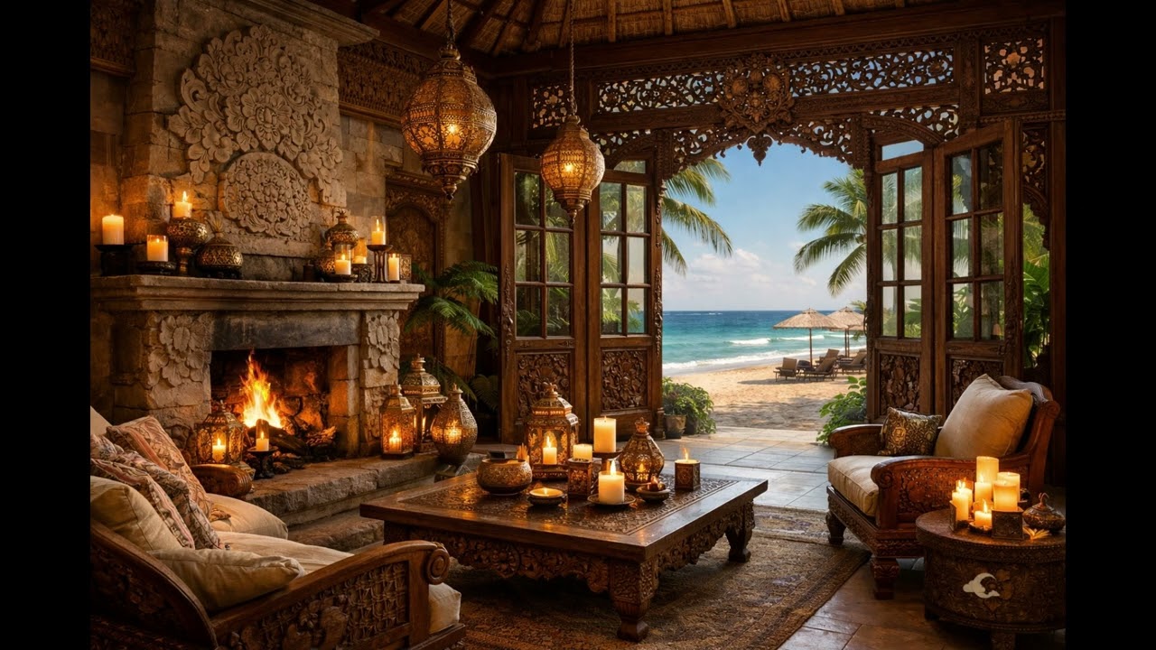 Balinese Ocean Sanctuary 🌊 Fireplace & Tropical Beach with Relaxing Waves, Candles & Island Serenity