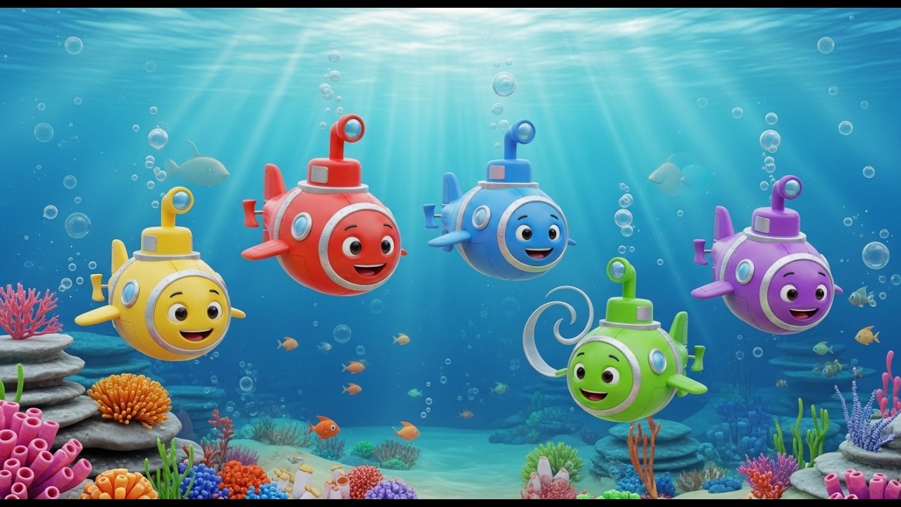 Cinco Pequenos Submarinos de Brinquedo no Banho | Música Infantil e Cores