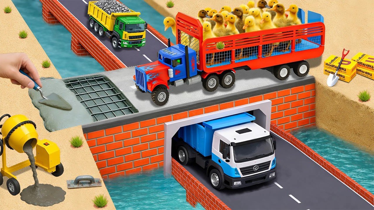 DIY Mini Tractor Builds a Strong Brick Bridge with Underground Tunnel for Trucks | Science Project