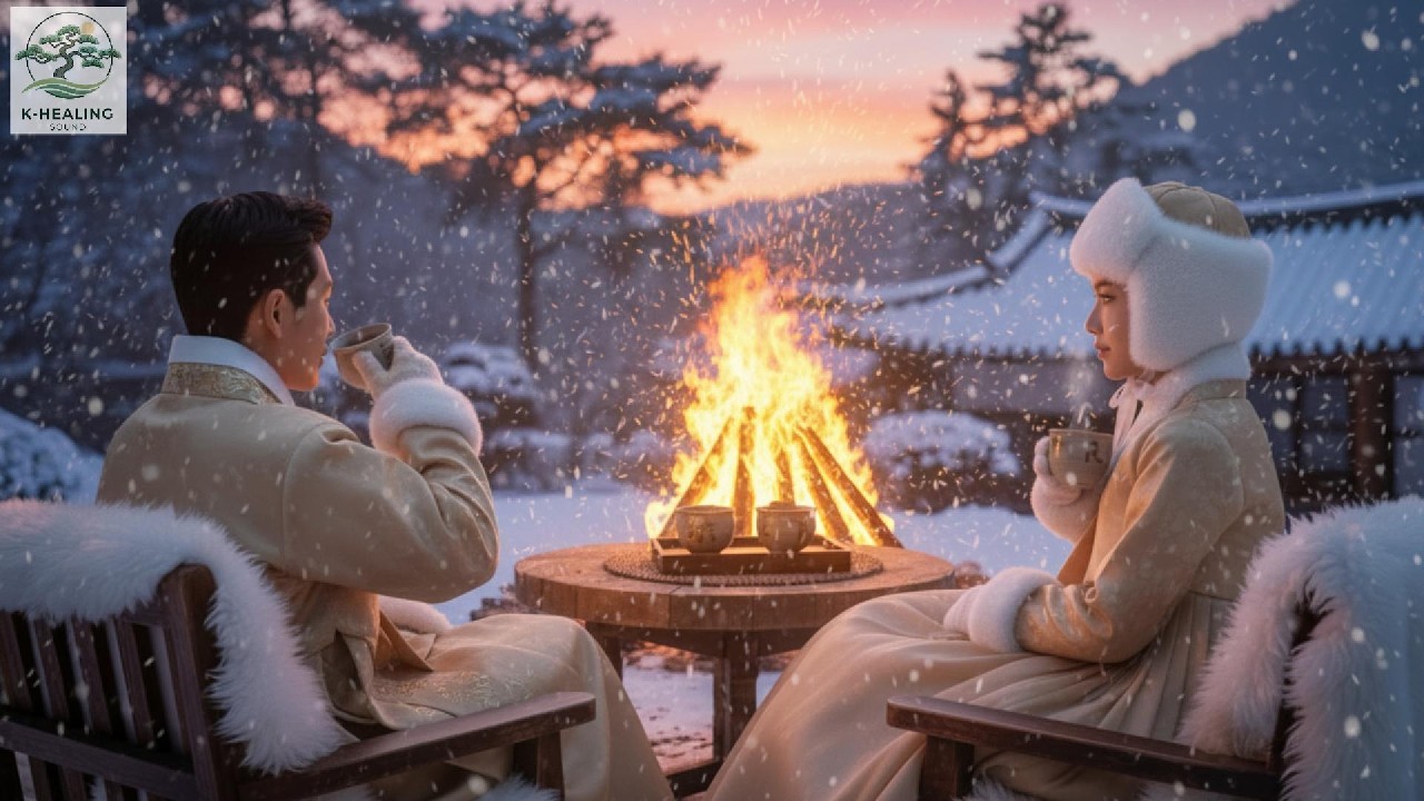 3 Hours Snowy Korean Hanok Fireplace ASMR 🌿 | Cozy Bonfire & Winter Healing