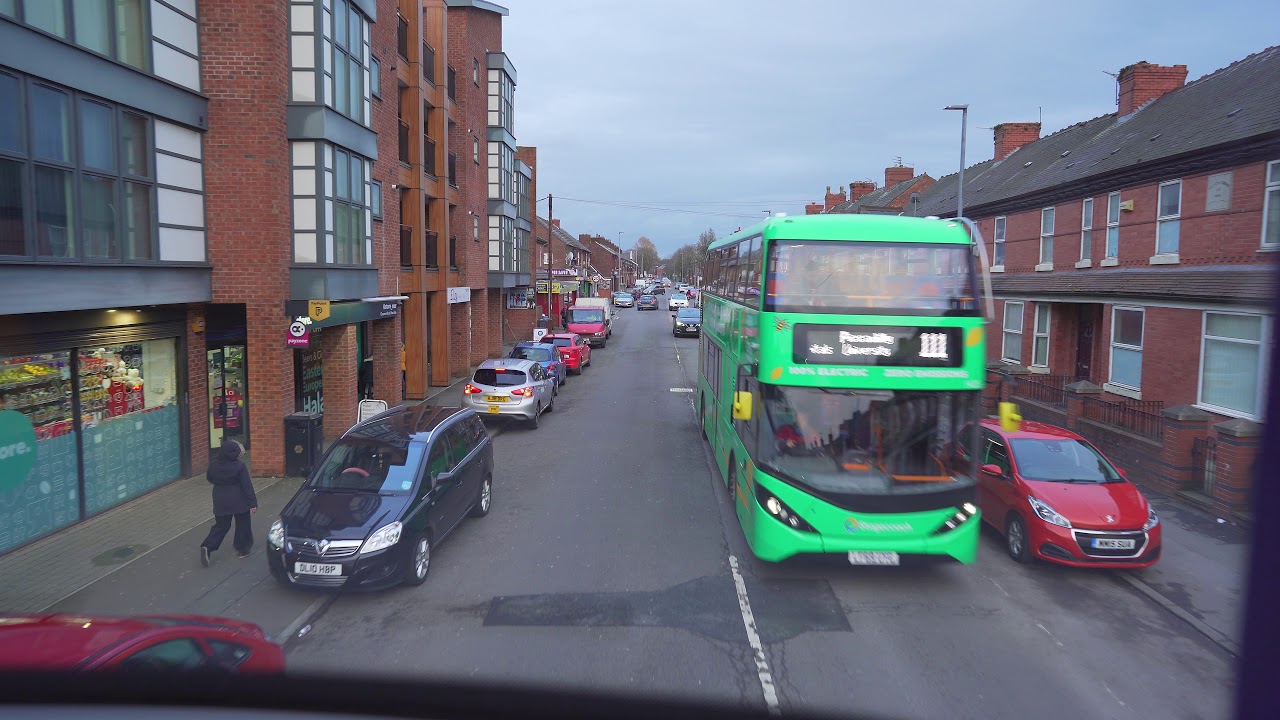 United Kingdom, Manchester, electric double decker bus 111 ride from Moss Lane to Button Road
