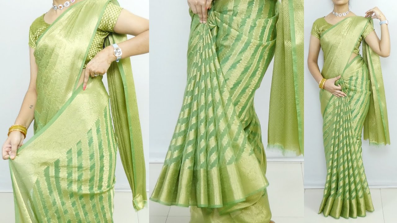 Most Viral Tissue Silk Saree Draping With Perfect Pleats For Beginners |Easy steps saree wearing