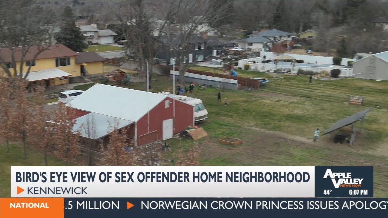 Bird's eye-view of neighborhood surrounding sex offender home, in central Kennewick