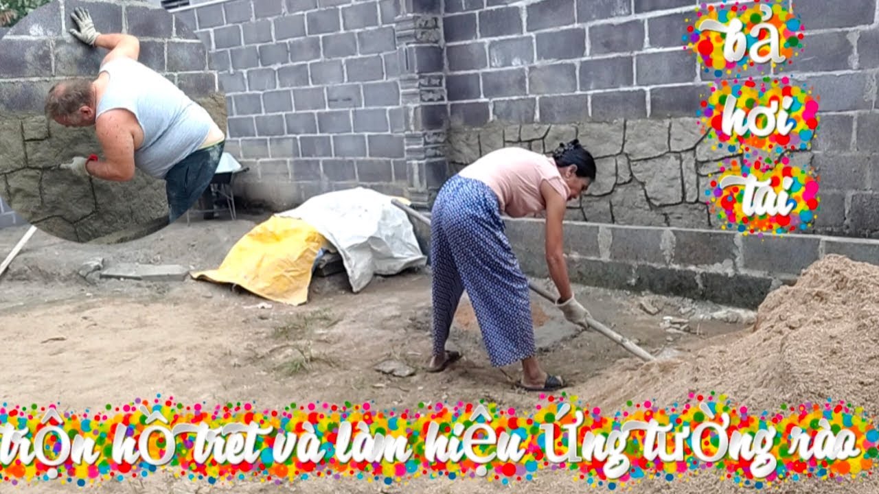 Vợ chồng Việt Đức:)#243# trộn hồ trét và làm hiệu ứng tường rào/ tất bật đầu năm 2026