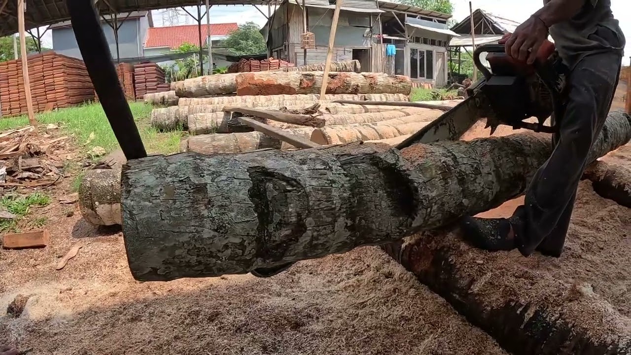 #the the process of splitting coconut wood with an old machine