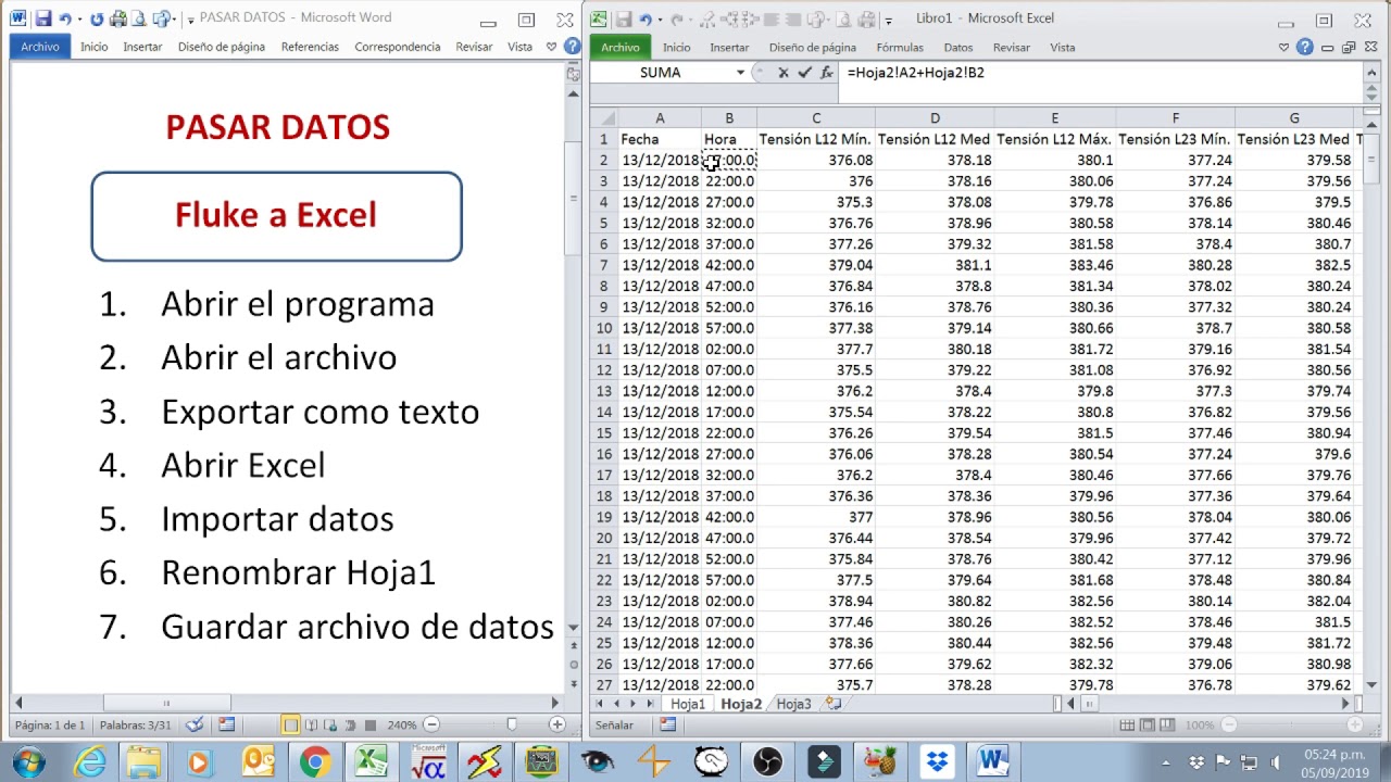 Pasar datos de Fluke a Excel