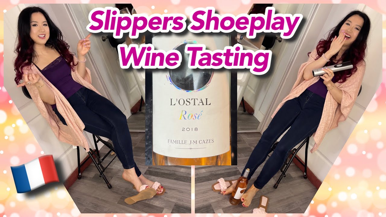 Loud Pink Slippers Shoeplay Wine Tasting, Summer Shoes Sandals Dangle, Legs Feet Model
