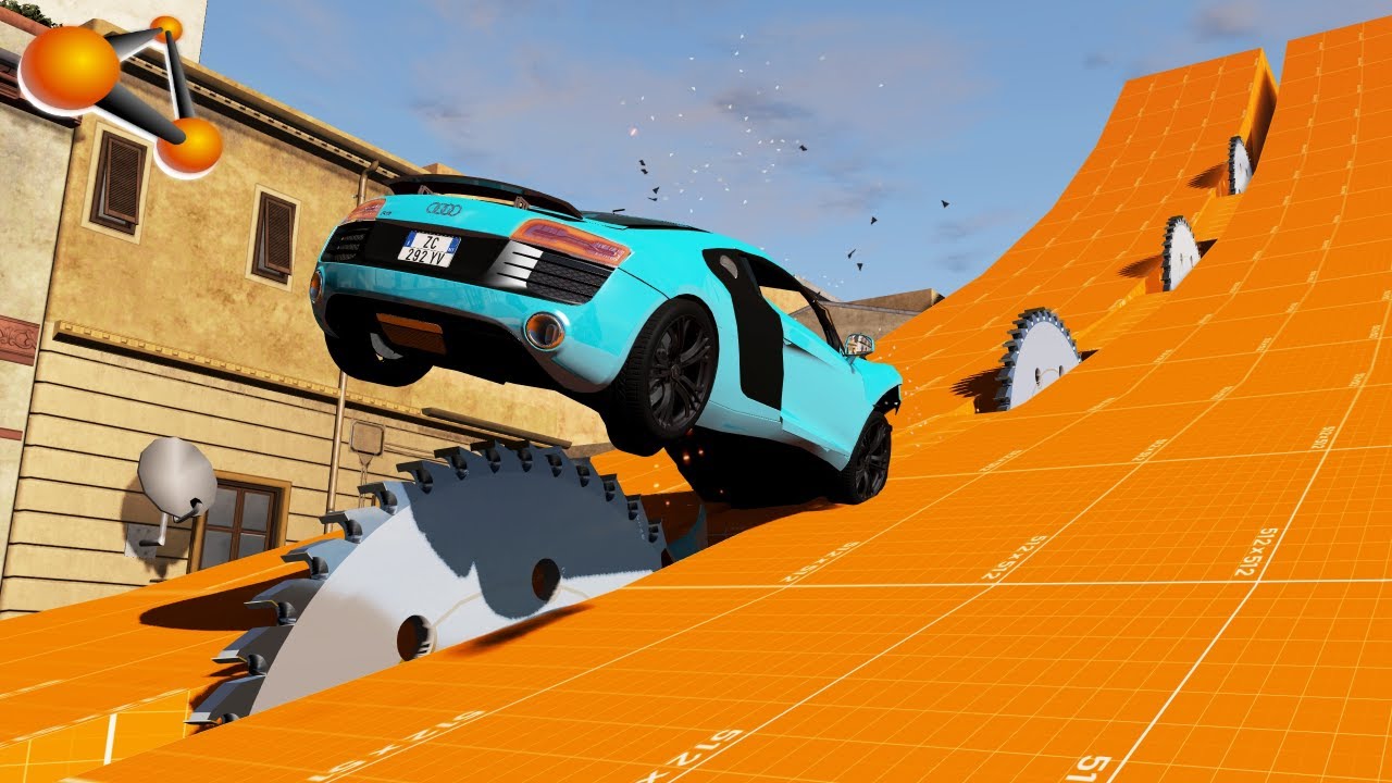 BeamNG.drive - Cars Driving On A Jump Ramp With Giant Saws