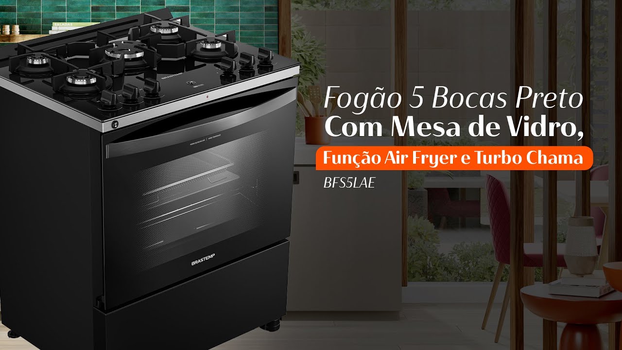 Comercial Brastemp - Fog&atilde;o 5 Bocas Preto Com Mesa de Vidro, Fun&ccedil;&atilde;o Air Fryer e Turbo Chama - BFS5LAE