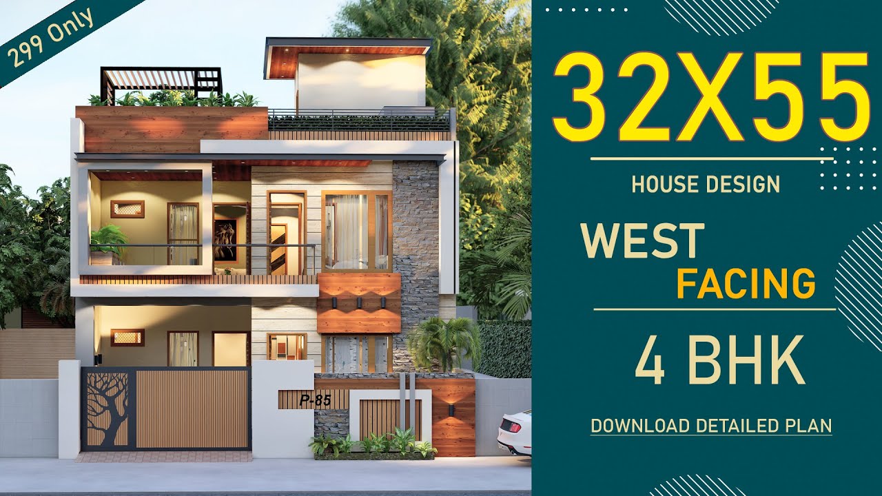 32x55 West Facing House Plan | 1760 Square feet | 4 BHK | 32*55 House Design 3D | 32y55 House Plan