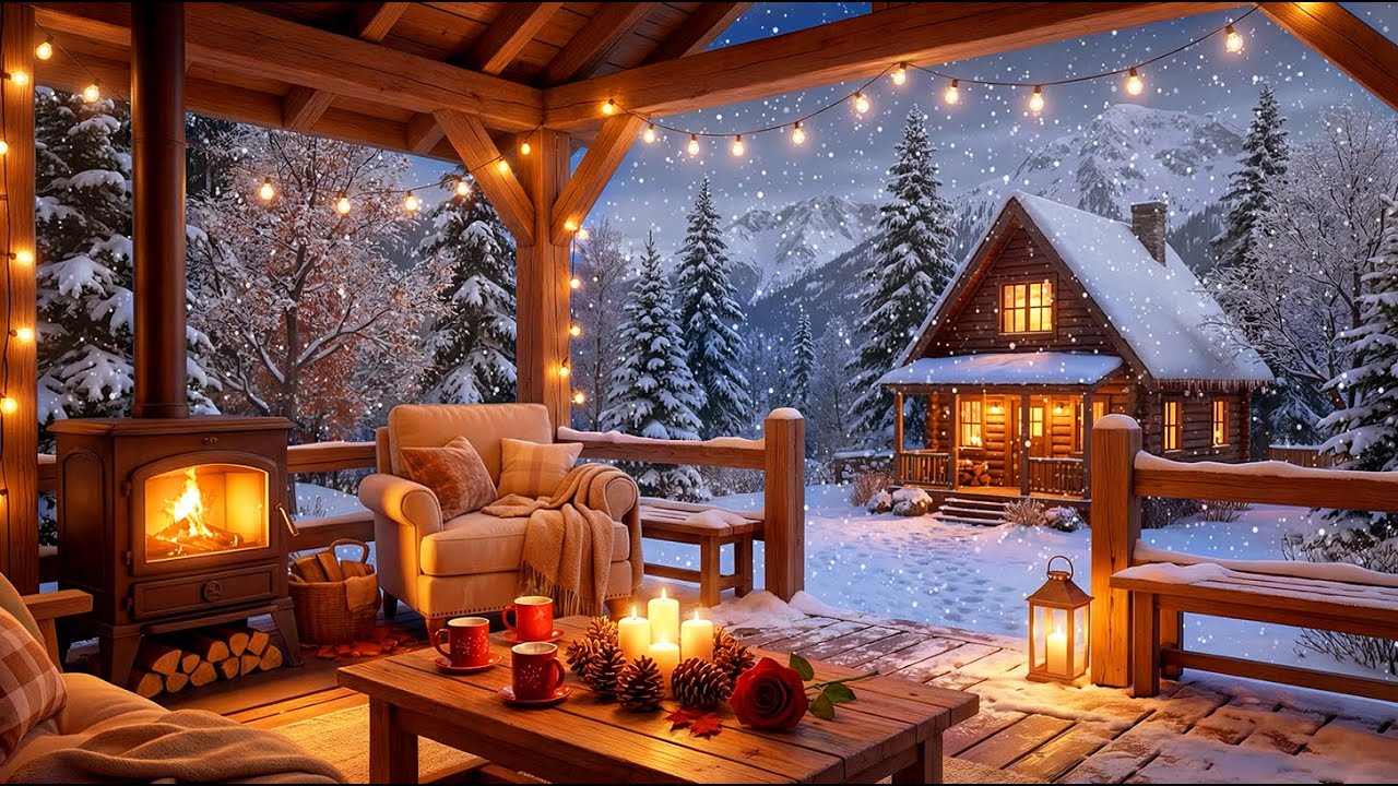 Cozy Winter Cabin Ambience ❄️ Crackling Fireplace, Snowfall & Relaxing Night