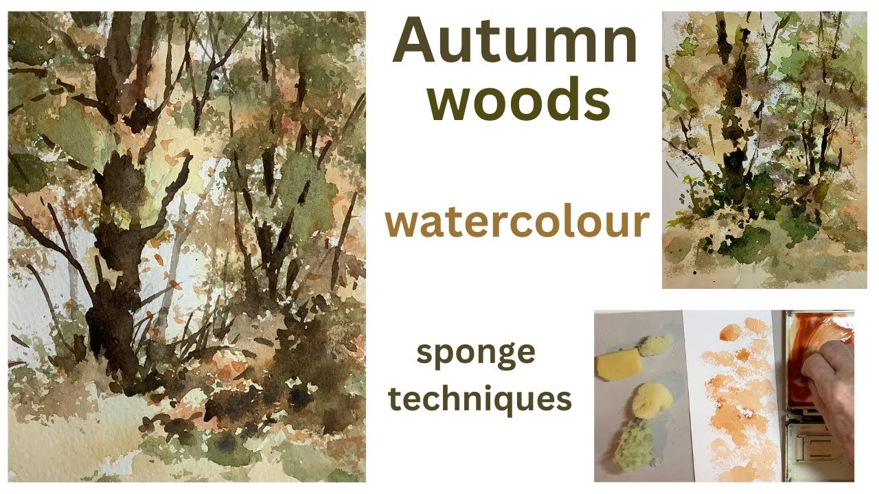 Осенний лес, акварель: техника губки