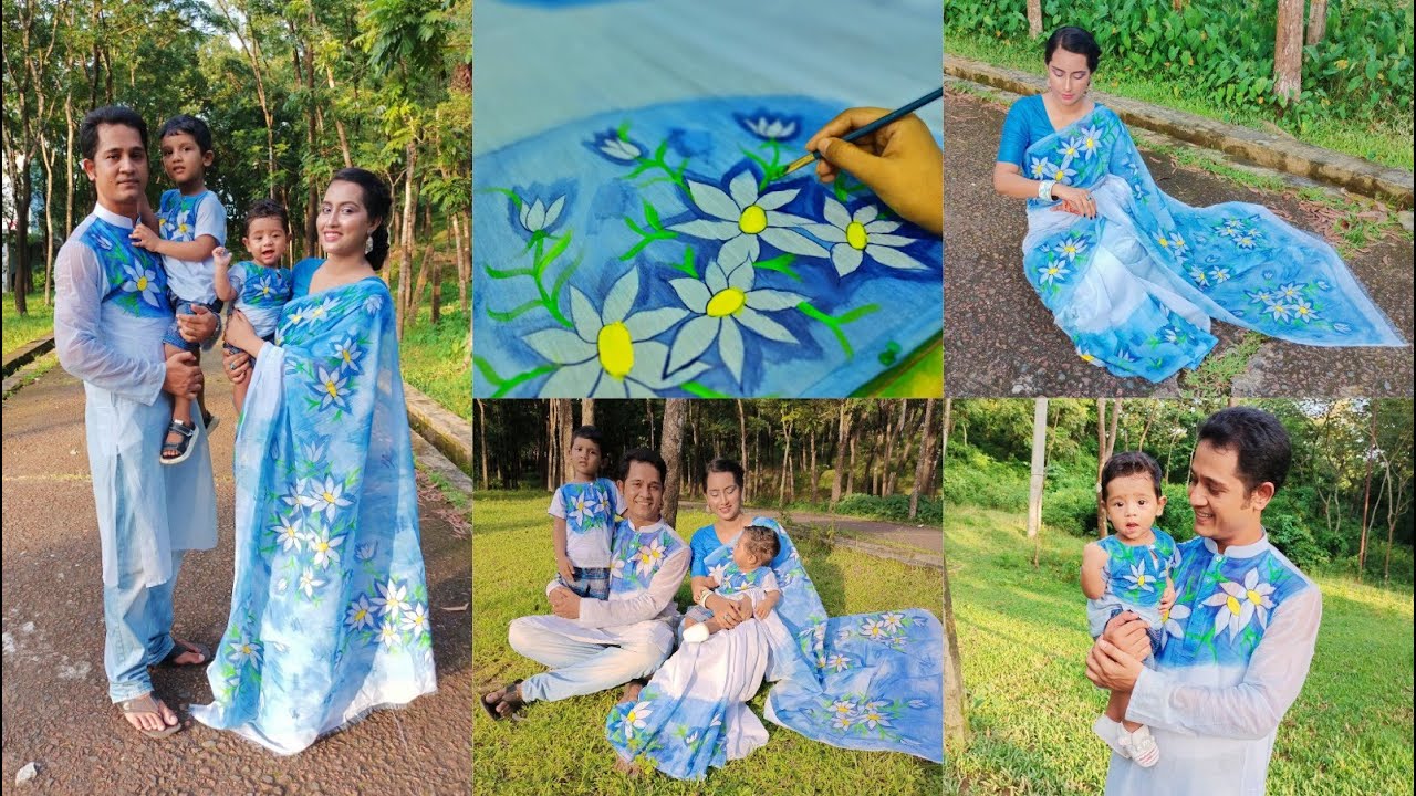 Family Matching Outfit Tutorial Bangla | Couple Set Hand Paint  Saree & Panjabi | Tamanna Nasir