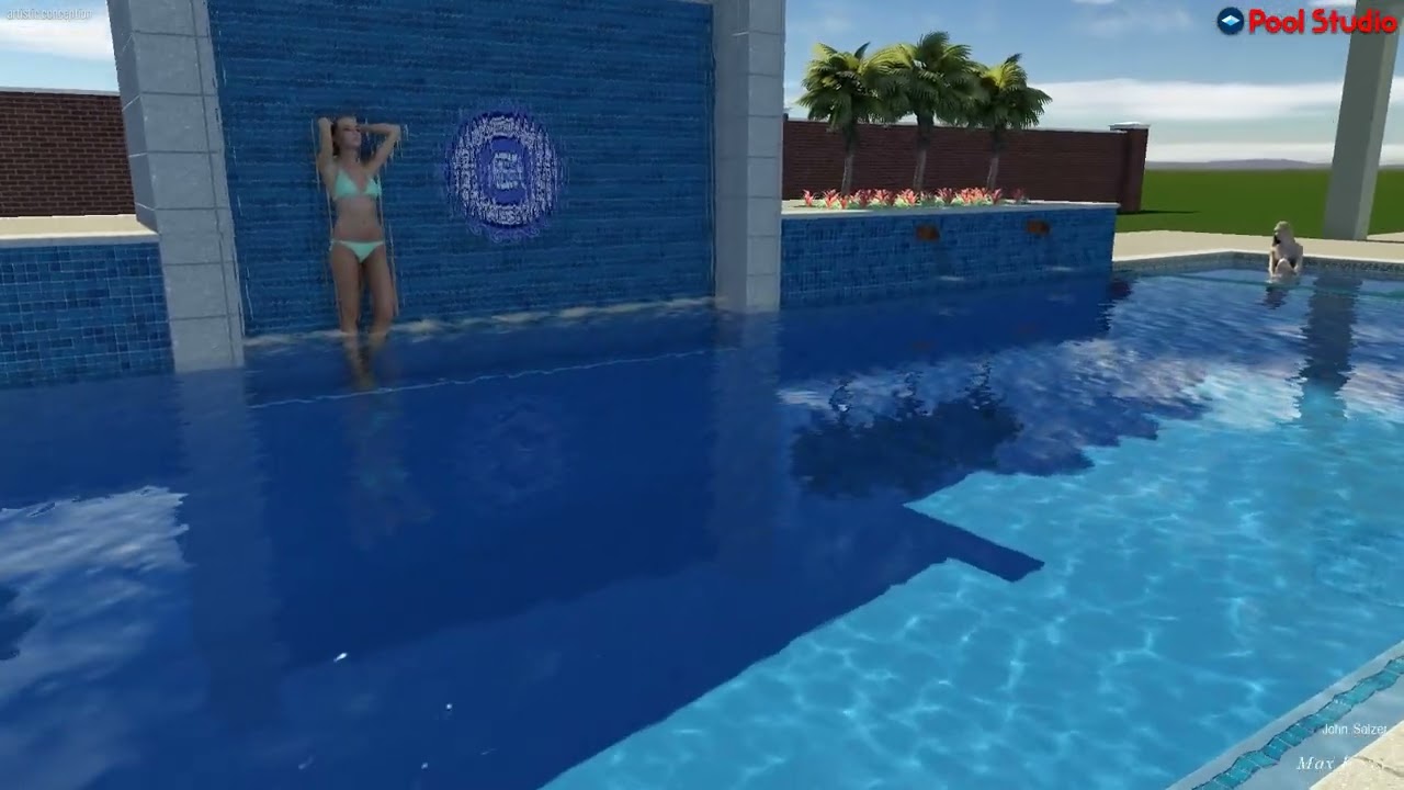 Geometric Pool with Sunshelf & Bubbler, 7'x7' Spa, Raised Deck with Water Feature Wall