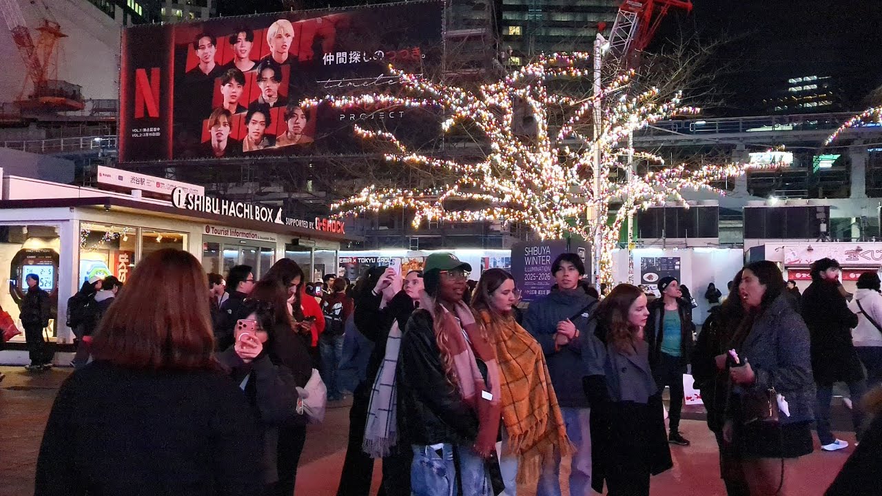 Shibuya crossing night walking & sightseeing. Tokyo, Japan. 