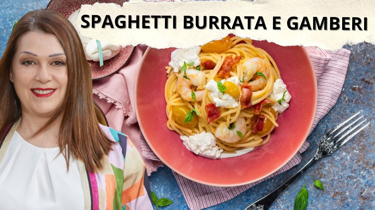 Spaghetti con gamberi, pancetta e burrata: incontro di terra e mare!