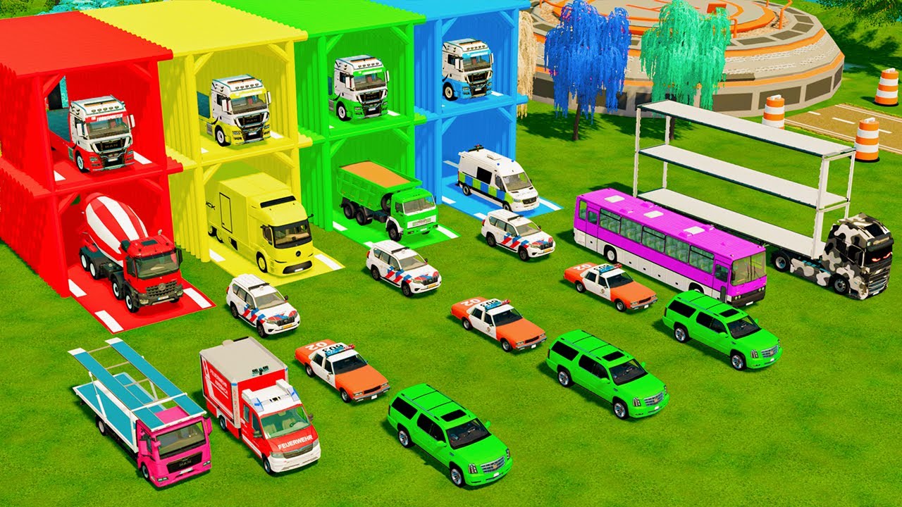 ALL POLICE VEHICLES, RESCUE TRUCK, AMBULANCE & CONCRETE MIXER TRUCK TRANSPORT TO GARAGE - FS22