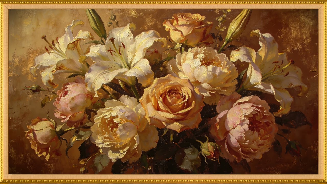 Floral Bouquet Painting | Golden Frame TV Art | Warm Vintage Gallery | 4K Smart TV Art | 2 Hours