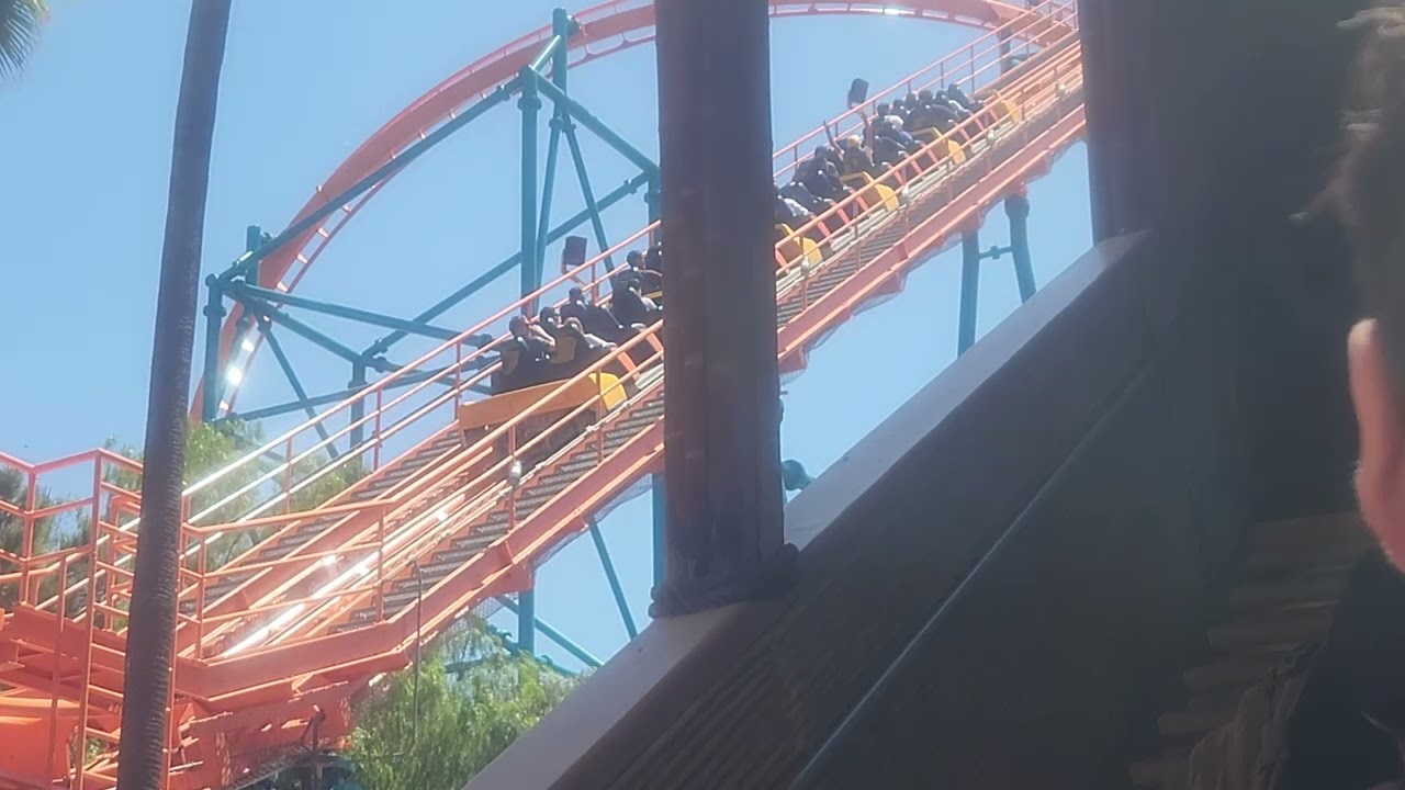 Goliath: Free2use Queue towards stairs under turn Hyper Coaster at Six Flags Magic Mountain, CA 2025