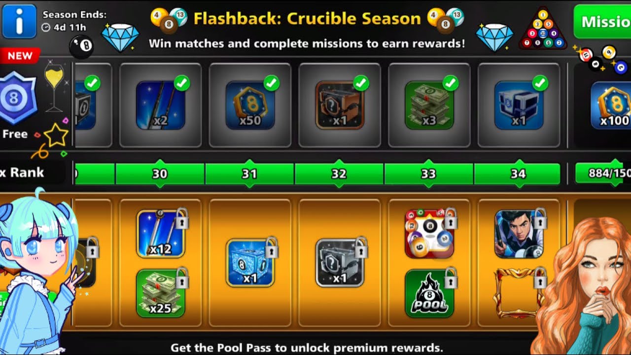 NEW FLASHBACK CRUCIBLE SEASON POOL PASS RANK MAX CLAIMING ALL NEW FREE REWARDS !! 💎🎱 | 8 BALL POOL